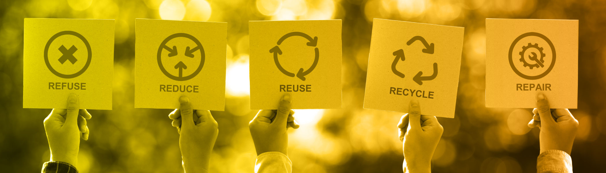 Five hands holding five signs with icons that read: refuse, reduce, reuse, recycle, and repair